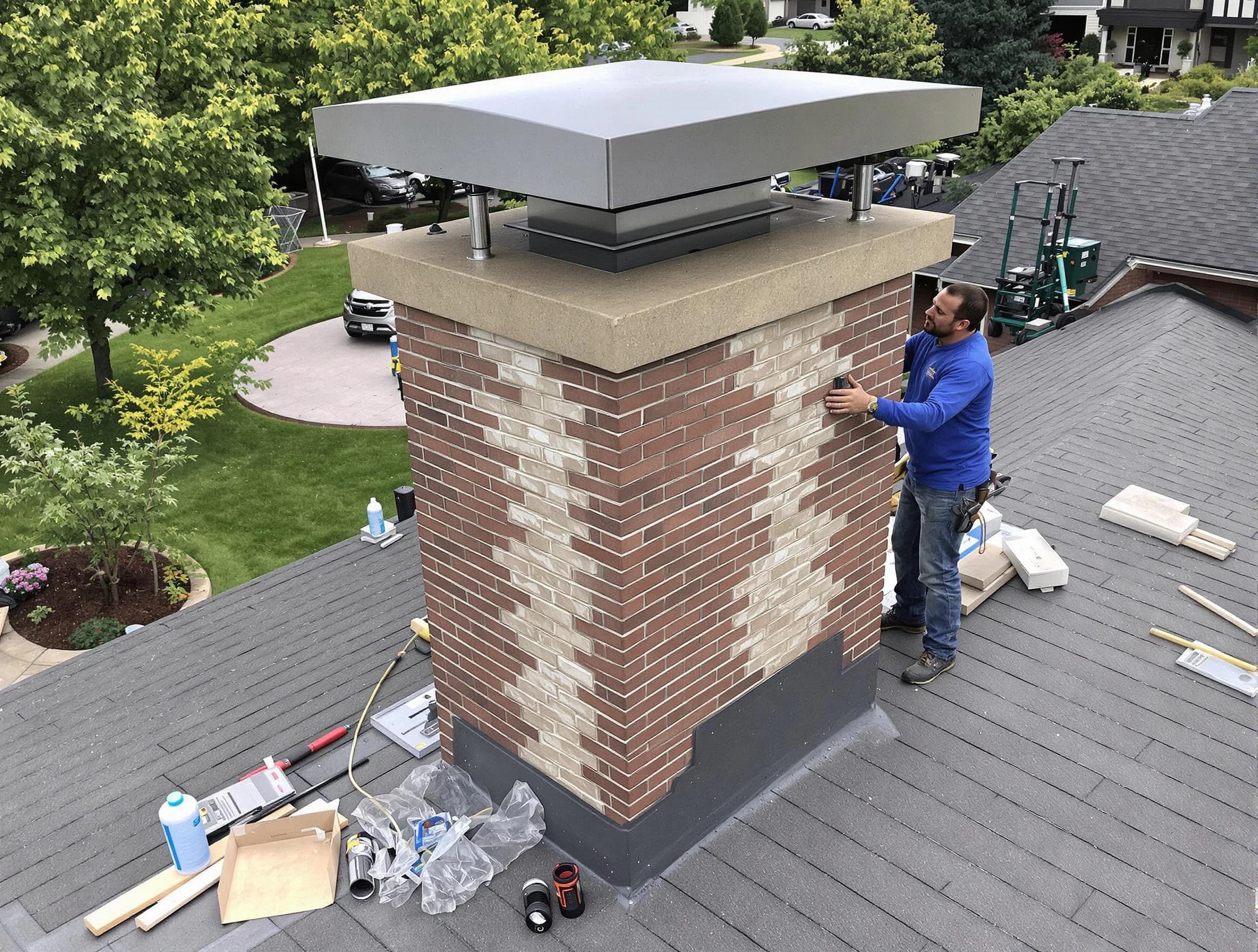 Sandy Springs Chimney Sweep team working on a custom chimney remodel in Sandy Springs, GA
