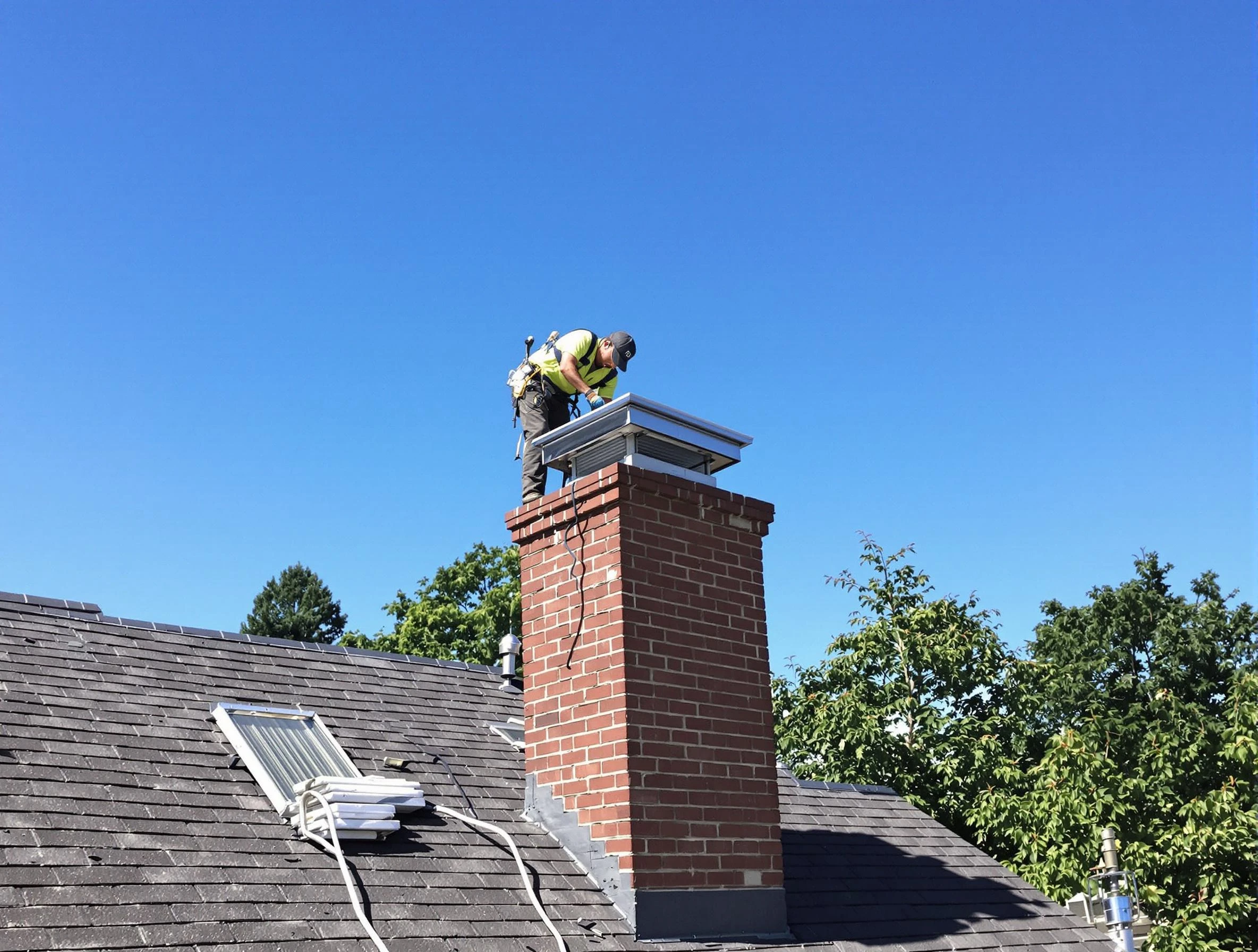 Sandy Springs Chimney Sweep technician measuring a chimney cap in Sandy Springs, GA